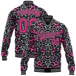 Custom Name & Number Leopard Print Bomber Jacket - Personalized Gray Pink Black 3D Varsity Letterman Full-Snap Design Personalized