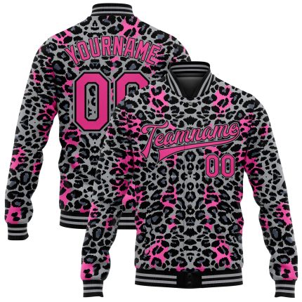 Custom Name & Number Leopard Print Bomber Jacket - Personalized Gray Pink Black 3D Varsity Letterman Full-Snap Design Personalized
