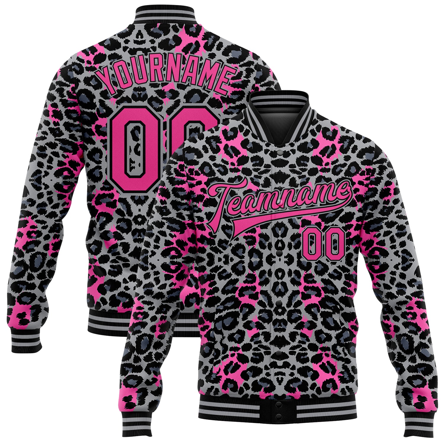 Custom Name & Number Leopard Print Bomber Jacket - Personalized Gray Pink Black 3D Varsity Letterman Full-Snap Design Personalized