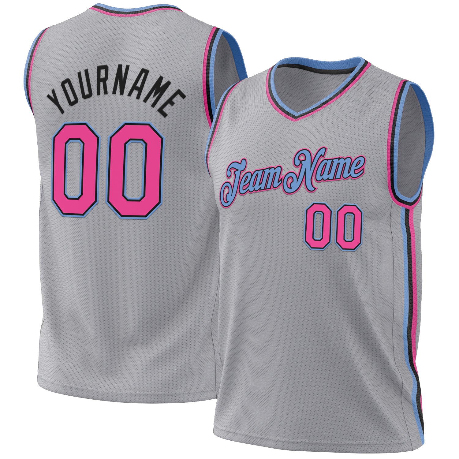 Custom Name and Number Personalized Throwback Basketball Jersey - Gray Pink Black Light Blue Personalized Gray Pink Black-Light