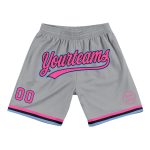 Custom Team Basketball Shorts with Name and Number - Gray Pink Black-Light Blue Authentic Throwback Style Personalized Gray
