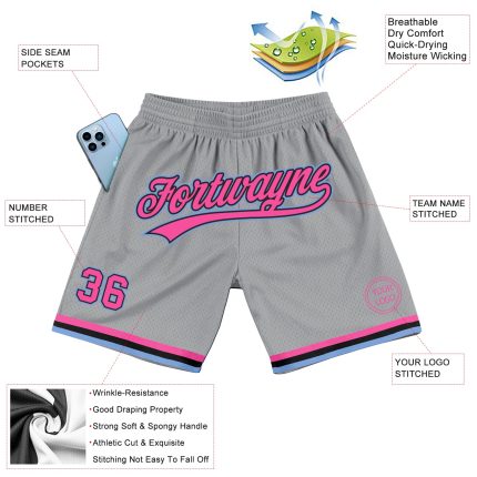 Custom Team Basketball Shorts with Name and Number - Gray Pink Black-Light Blue Authentic Throwback Style Personalized Gray