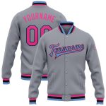 Custom Varsity Letterman Jacket with Personalized Name & Number - Gray Pink Black-Light Blue Bomber Style Personalized Gray