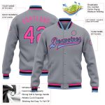 Custom Varsity Letterman Jacket with Personalized Name & Number - Gray Pink Black-Light Blue Bomber Style Personalized Gray