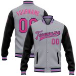 Personalized Two Tone Bomber Varsity Letterman Jacket Gray Pink Black Light Blue Full-Snap Personalized Gray Pink Black-Light