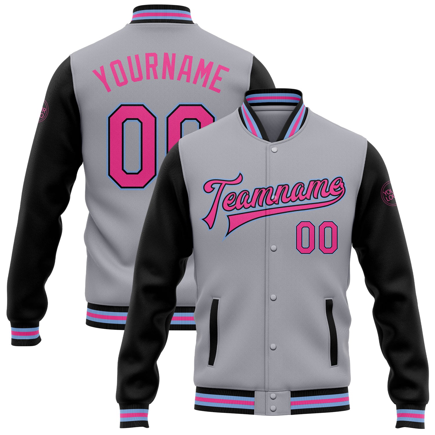 Personalized Two Tone Bomber Varsity Letterman Jacket Gray Pink Black Light Blue Full-Snap Personalized Gray Pink Black-Light