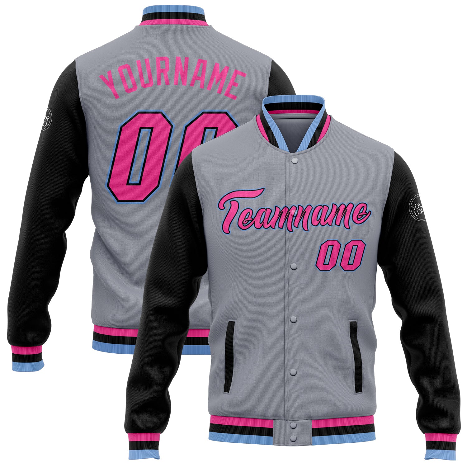 Custom Name and Number Bomber Varsity Letterman Jacket - Two Tone Gray Pink Black Light Blue Full Snap Personalized Gray