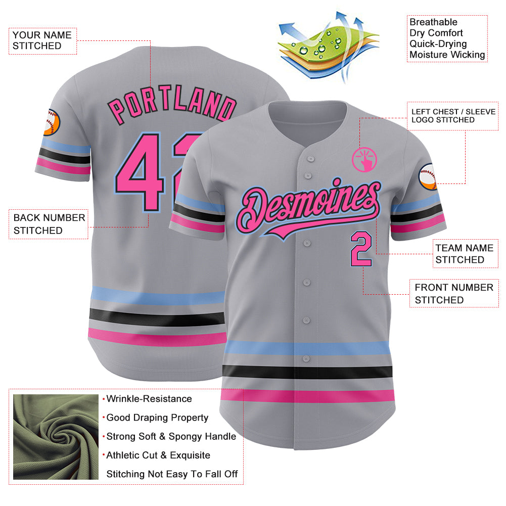 Personalized Gray Pink Black-Light Blue Line Authentic Baseball Jersey Team Custom Name and Number Custom Name and Number Baseball Jersey - Personalized Gray Pink Black Light Blue Line Design Personalized Gray Pink Black-Light - Image 3