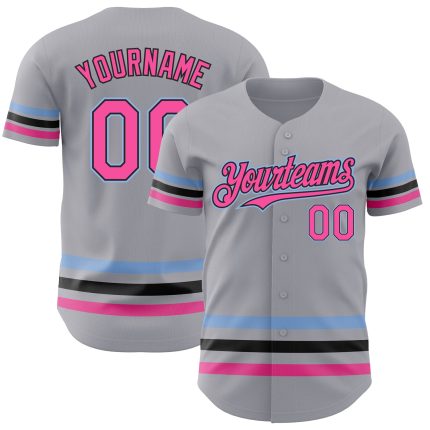 Custom Name and Number Baseball Jersey - Personalized Gray Pink Black Light Blue Line Design Personalized Gray Pink Black-Light