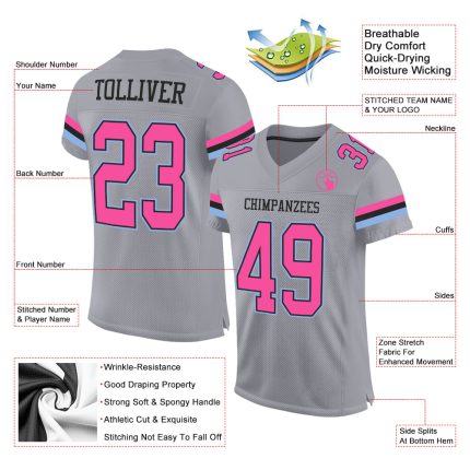 Custom Personalized Football Jersey - Gray Pink Black-Light Blue Mesh with Custom Name and Number Personalized Gray Pink
