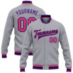 Custom Name and Number Personalized Bomber Jacket Gray Pink Black Purple Full-Snap Varsity Letterman Personalized Gray Pink