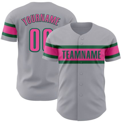 Personalized Authentic Baseball Jersey in Gray, Pink, and Kelly Green Personalized Gray Pink-Kelly Green Authentic Baseball