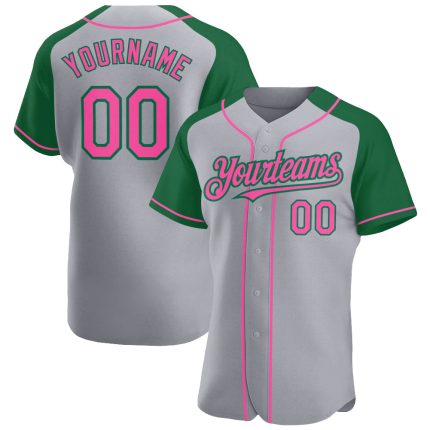 Custom Name and Number Personalized Baseball Jersey Gray Pink-Kelly Green Authentic Raglan Sleeves Personalized Gray Pink-Kelly