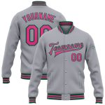 Personalized Gray Pink Kelly Green Varsity Letterman Jacket Full-Snap Bomber Personalized Gray Pink-Kelly Green Bomber Full-Snap
