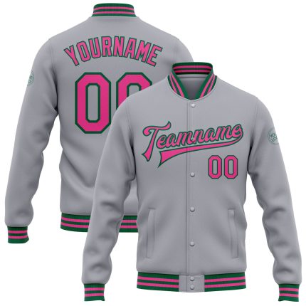 Personalized Gray Pink Kelly Green Varsity Letterman Jacket Full-Snap Bomber Personalized Gray Pink-Kelly Green Bomber Full-Snap