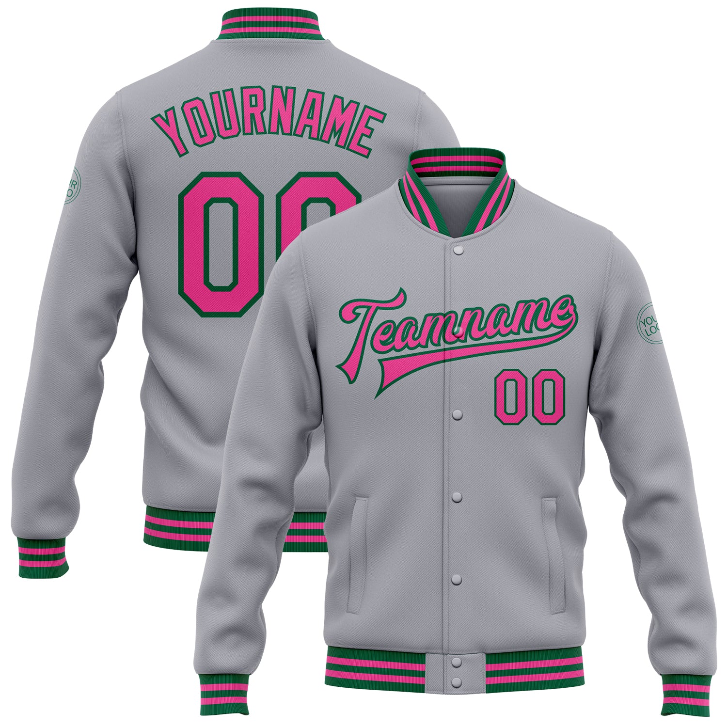 Personalized Gray Pink Kelly Green Varsity Letterman Jacket Full-Snap Bomber Personalized Gray Pink-Kelly Green Bomber Full-Snap