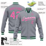 Custom Team Name and Number Varsity Letterman Jacket Gray Pink Kelly Green Bomber Full-Snap Personalized Gray Pink-Kelly