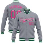 Custom Team Name and Number Varsity Letterman Jacket Gray Pink Kelly Green Bomber Full-Snap Personalized Gray Pink-Kelly