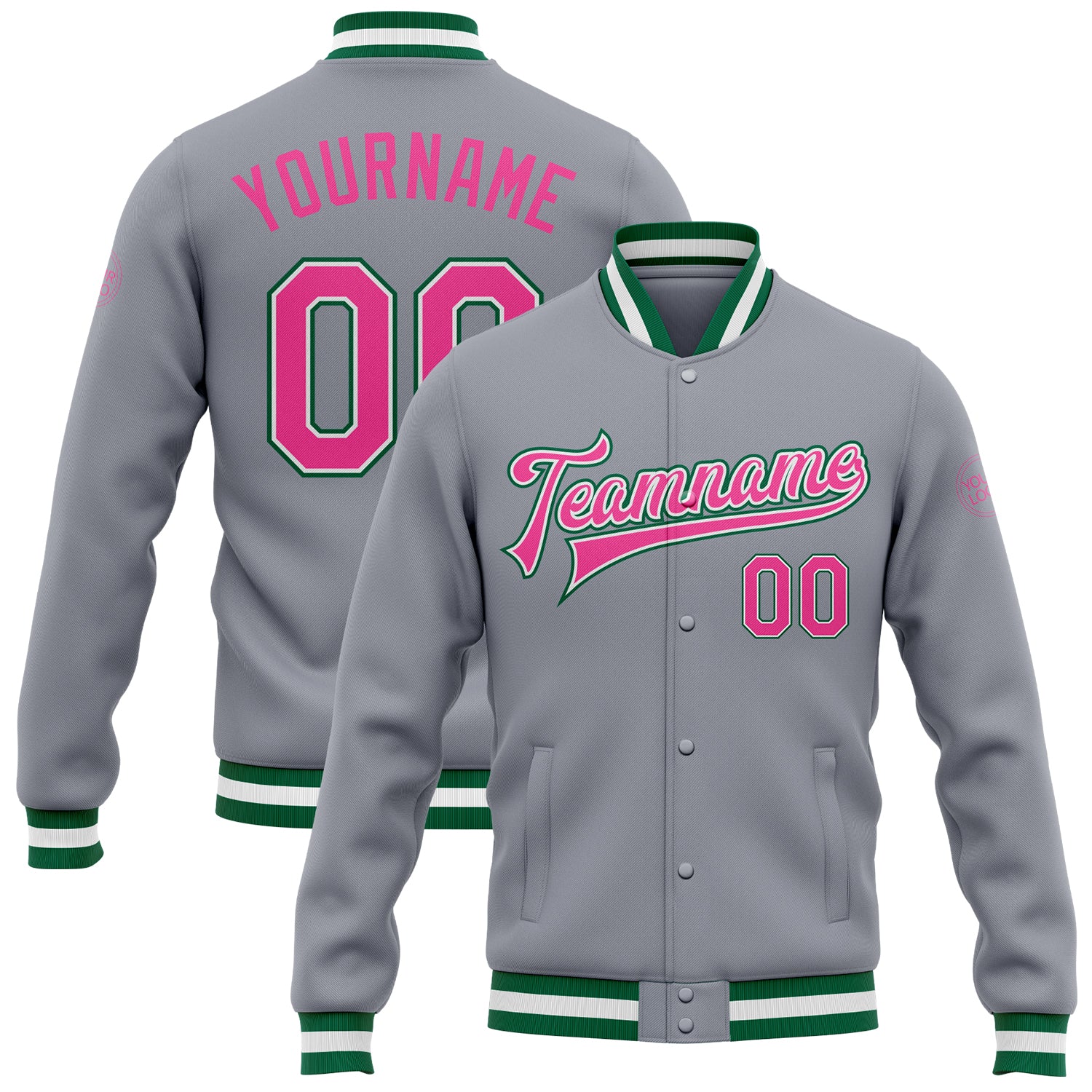 Custom Team Name and Number Varsity Letterman Jacket Gray Pink Kelly Green Bomber Full-Snap Personalized Gray Pink-Kelly