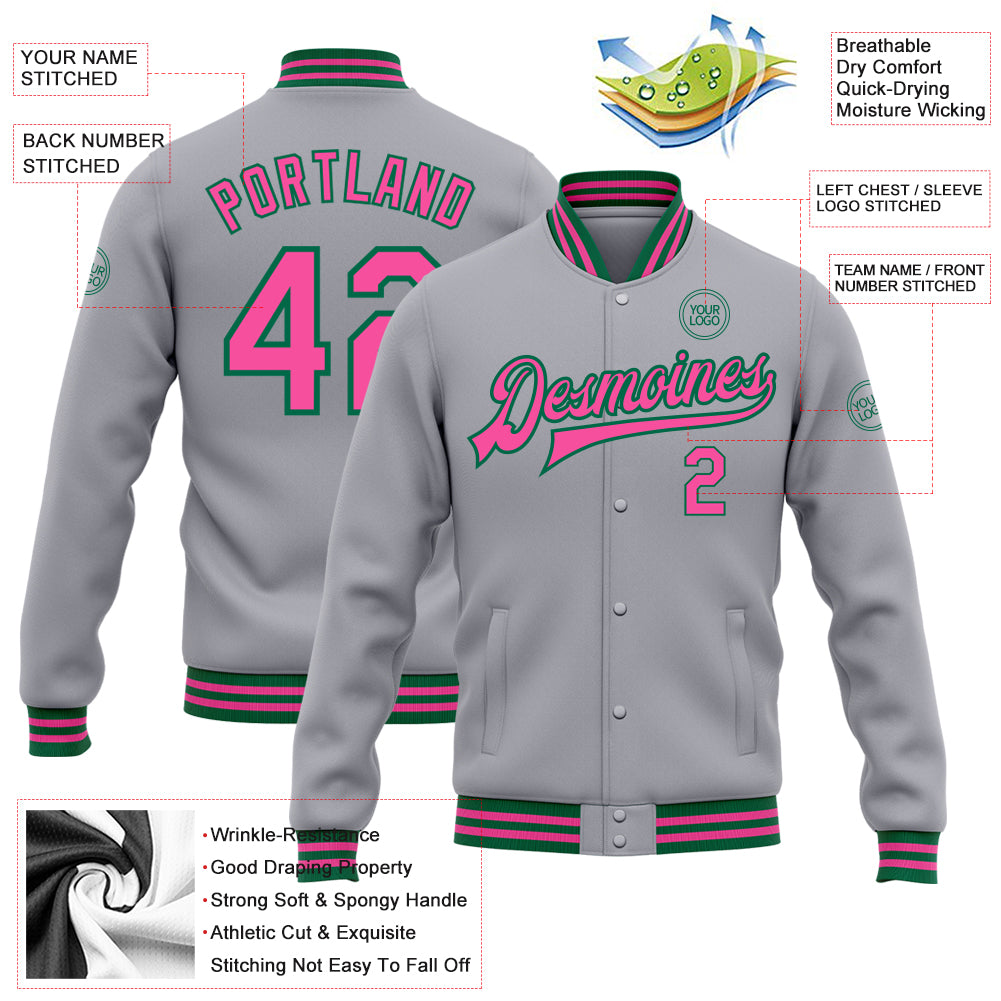 Personalized Gray Pink-Kelly Green Bomber Full-Snap Varsity Letterman Jacket Personalized Gray Pink Kelly Green Varsity Letterman Jacket Full-Snap Bomber Personalized Gray Pink-Kelly Green Bomber Full-Snap - Image 3