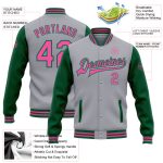 Custom Two Tone Bomber Jacket with Name and Number - Gray Pink Kelly Green Varsity Full-Snap Letterman Style Personalized