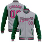 Custom Two Tone Bomber Jacket with Name and Number - Gray Pink Kelly Green Varsity Full-Snap Letterman Style Personalized