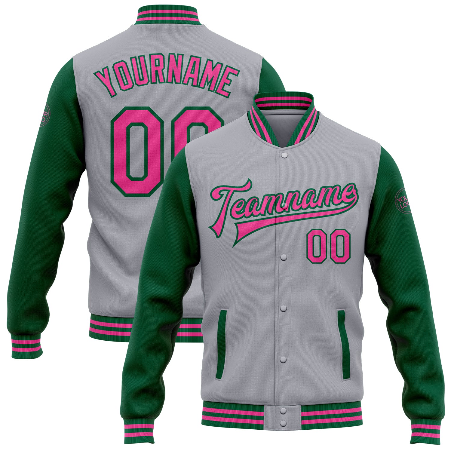 Custom Two Tone Bomber Jacket with Name and Number - Gray Pink Kelly Green Varsity Full-Snap Letterman Style Personalized