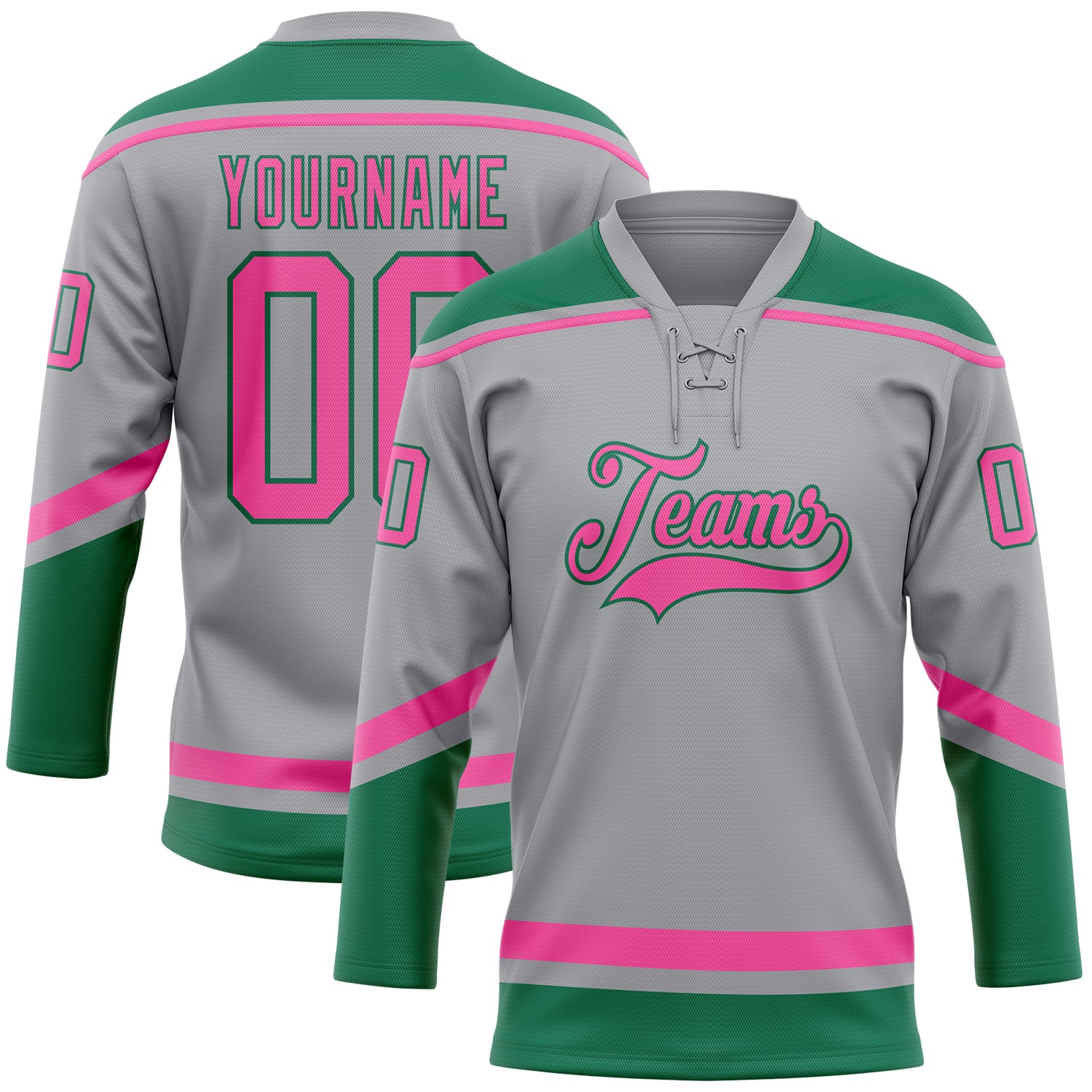 Personalized Hockey Jersey with Custom Name & Number - Gray Pink Kelly Green Lace Neck Team Apparel Personalized Gray Pink-Kelly