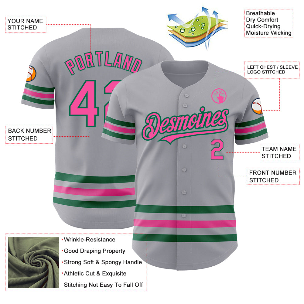 Personalized Gray Pink-Kelly Green Line Authentic Baseball Jersey Team Custom Name and Number Custom Name Number Authentic Baseball Jersey - Personalized Gray Pink Kelly Green Team Jersey Personalized Gray Pink-Kelly - Image 3