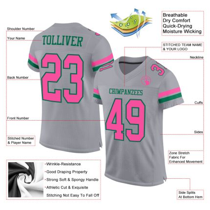 Custom Football Jersey with Personalized Name & Number in Gray, Pink & Kelly Green Mesh Personalized Gray Pink-Kelly Green