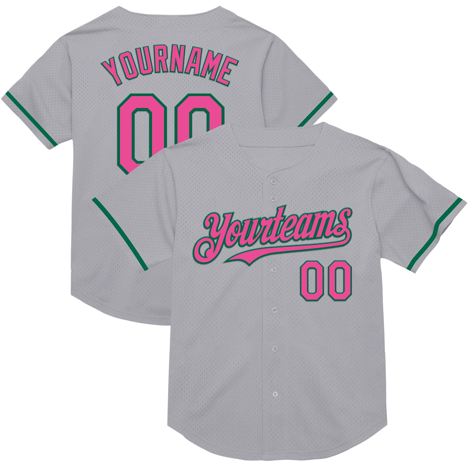 Custom Name and Number Personalized Baseball Jersey in Gray Pink and Kelly Green - Authentic Throwback Mesh Design Personalized