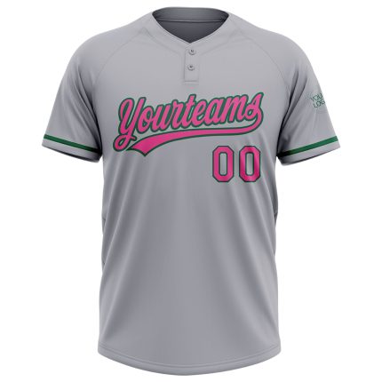 Personalized Softball Jersey - Unisex Two-Button in Gray Pink and Kelly Green Personalized Gray Pink-Kelly Green Two-Button