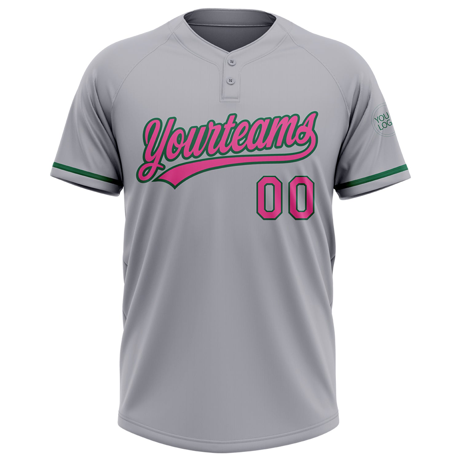 Personalized Gray Pink-Kelly Green Two-Button Unisex Softball Jersey Personalized Softball Jersey - Unisex Two-Button in Gray Pink and Kelly Green Personalized Gray Pink-Kelly Green Two-Button - Image 2