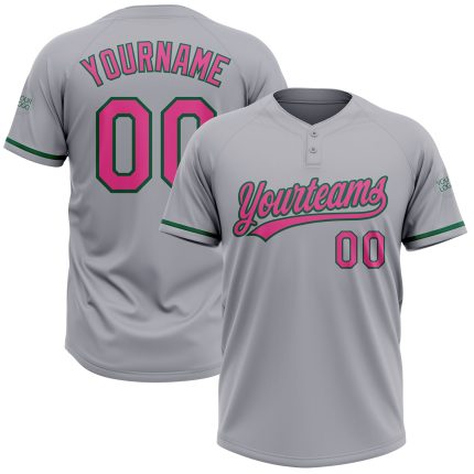 Personalized Softball Jersey - Unisex Two-Button in Gray Pink and Kelly Green Personalized Gray Pink-Kelly Green Two-Button