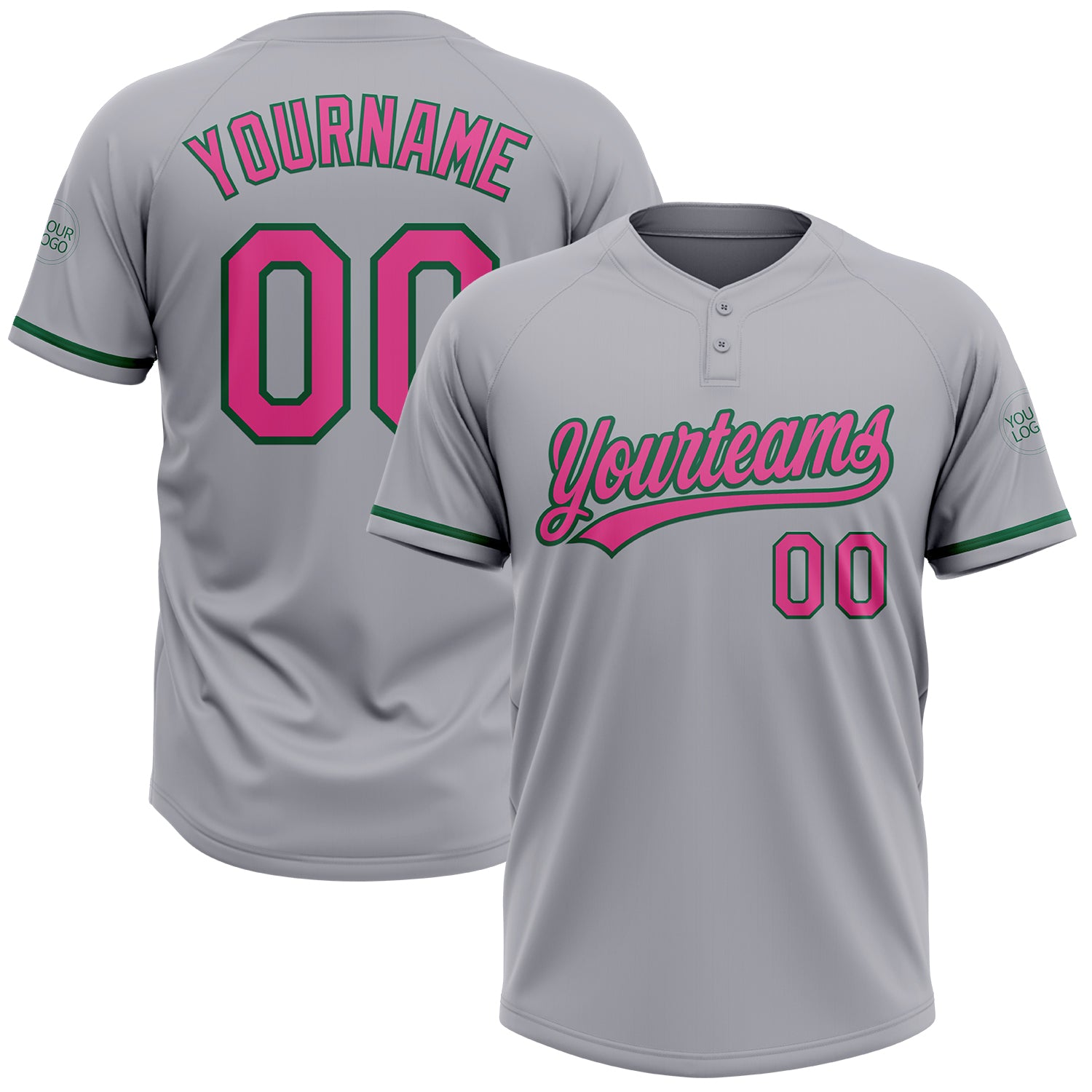 Personalized Softball Jersey - Unisex Two-Button in Gray Pink and Kelly Green Personalized Gray Pink-Kelly Green Two-Button