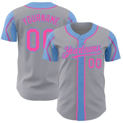 Custom Name and Number Baseball Jersey in Gray Pink Light Blue - Authentic Team Jersey with Arm Shapes Personalized Gray