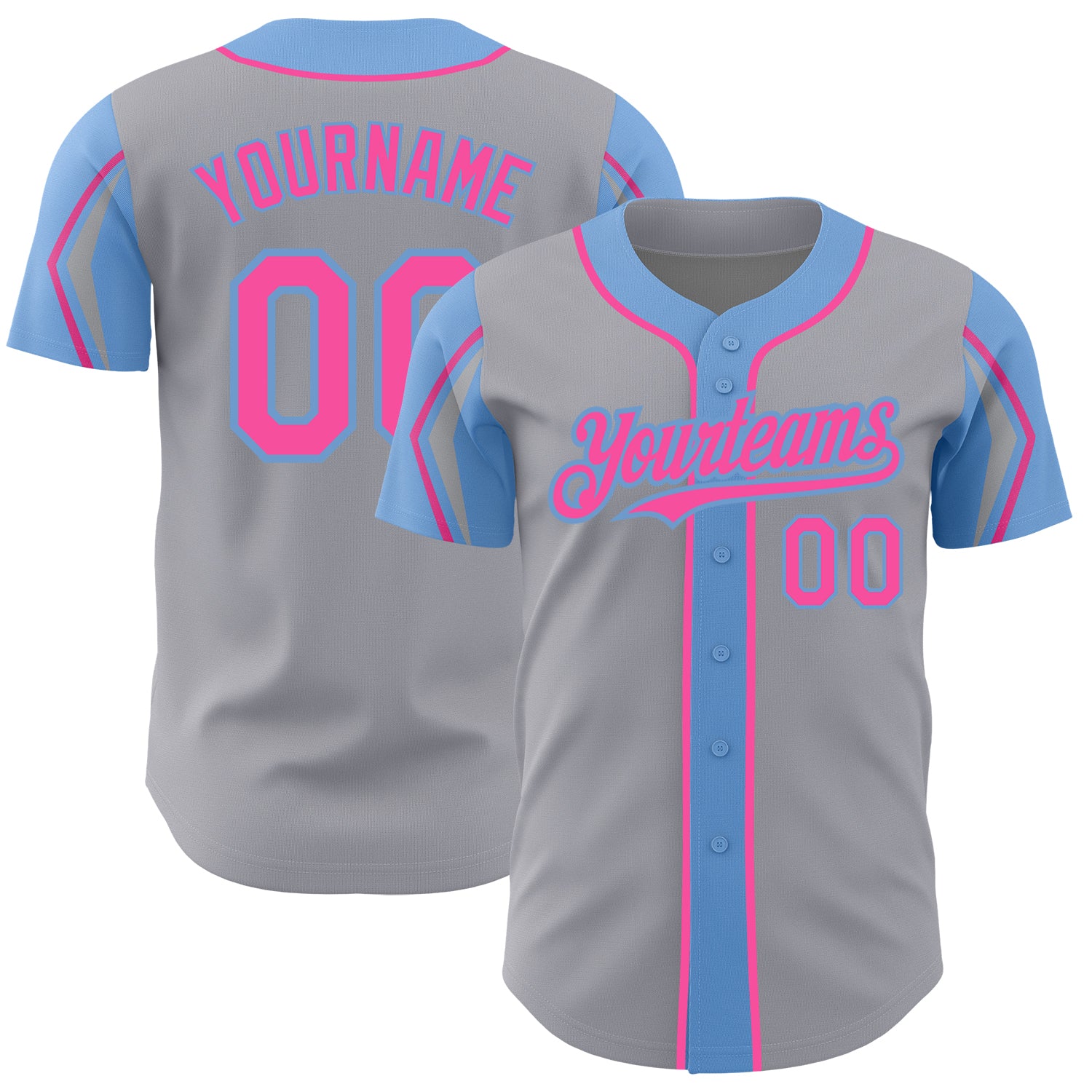 Custom Name and Number Baseball Jersey in Gray Pink Light Blue - Authentic Team Jersey with Arm Shapes Personalized Gray