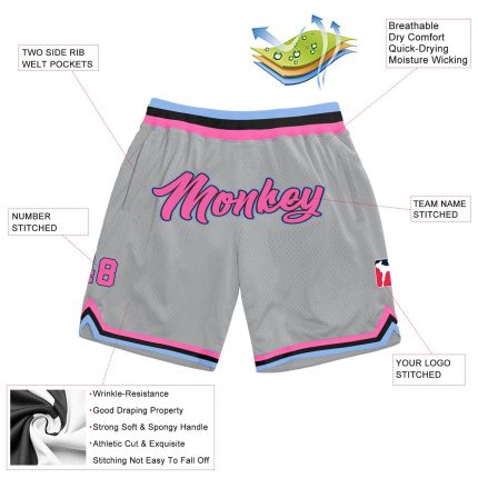 Custom Basketball Shorts with Name and Number, Personalized Gray Pink Light Blue Authentic Throwback Style Personalized Gray