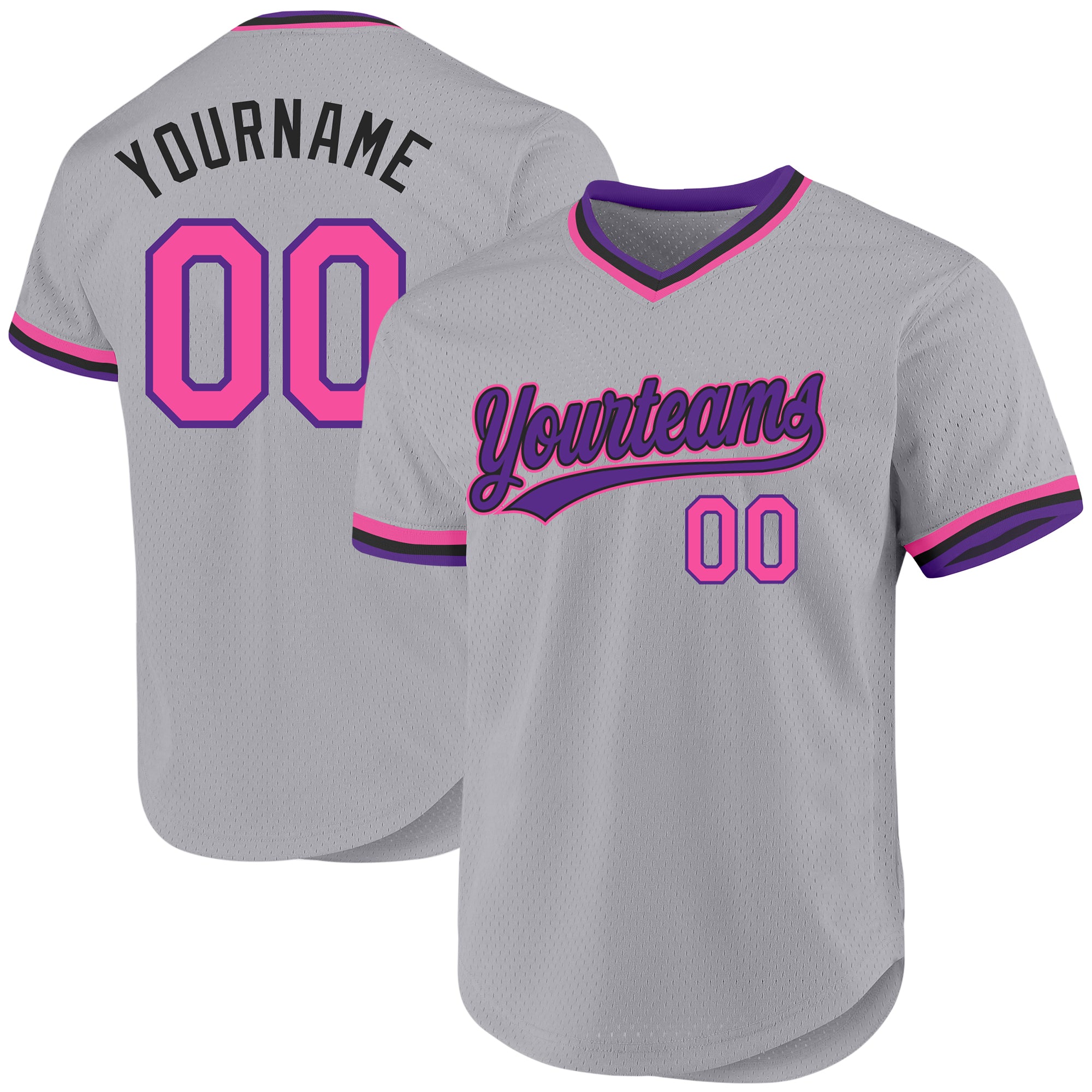 Custom Name and Number Authentic Throwback Baseball Jersey - Personalized Gray Pink Purple-Black Design Personalized Gray
