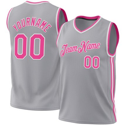 Custom Name Number Authentic Basketball Jersey - Personalized Gray Pink-White Throwback Design Personalized Gray Pink-White