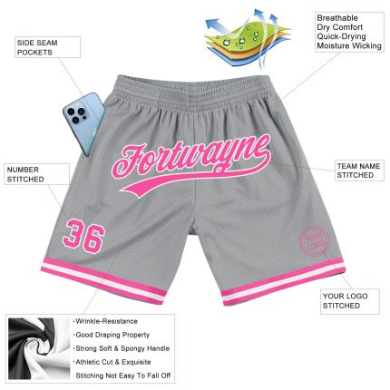 Personalized Gray Pink White Basketball Shorts - Authentic Throwback Design Personalized Gray Pink-White Authentic Throwback