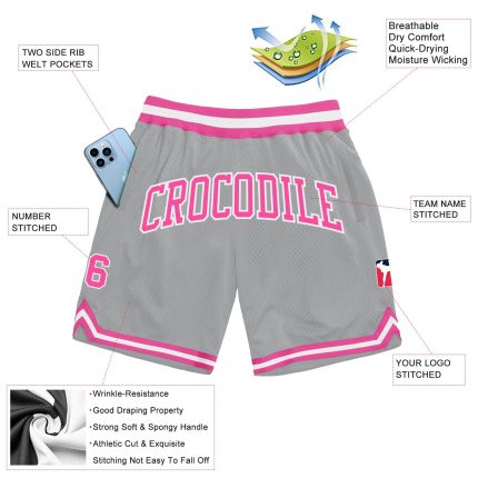 Custom Team Name Number Authentic Throwback Basketball Shorts - Personalized Gray Pink White Design Personalized Gray Pink-White