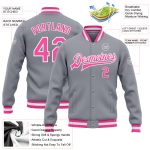 Custom Team Name Number Gray Pink White Varsity Bomber Full-Snap Letterman Jacket Personalized Gray Pink-White Bomber Full-Snap