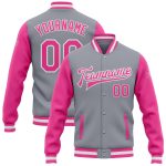 Custom Team Name Number Two Tone Gray Pink White Bomber Varsity Letterman Jacket Full-Snap Personalized Personalized Gray