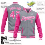 Custom Team Name Number Two Tone Gray Pink White Bomber Varsity Letterman Jacket Full-Snap Personalized Personalized Gray