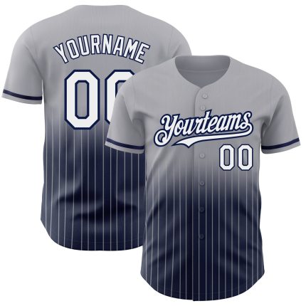 Personalized Authentic Baseball Jersey - Gray Pinstripe White-Navy Custom Name & Number Personalized Gray Pinstripe White-Navy