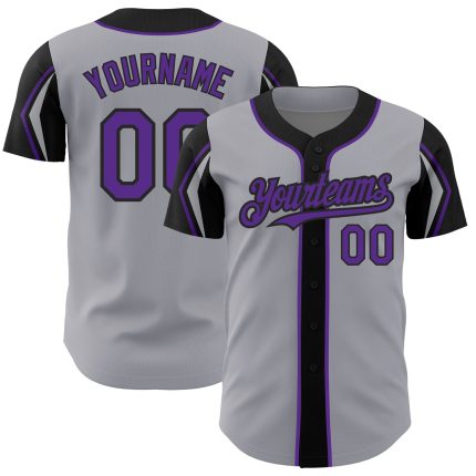 Custom Name and Number Authentic Baseball Jersey in Gray Purple-Black, 3 Color Options, Personalized Arm Shapes Personalized
