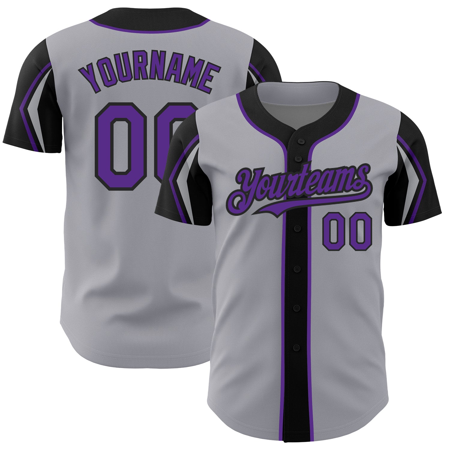 Custom Name and Number Authentic Baseball Jersey in Gray Purple-Black, 3 Color Options, Personalized Arm Shapes Personalized