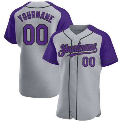Custom Name and Number Personalized Baseball Jersey in Gray Purple-Black Authentic Raglan Sleeves Personalized Gray Purple-Black