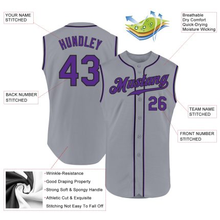 Custom Team Name and Number Baseball Jersey - Personalized Gray Purple-Black Sleeveless Authentic Jersey Personalized Gray